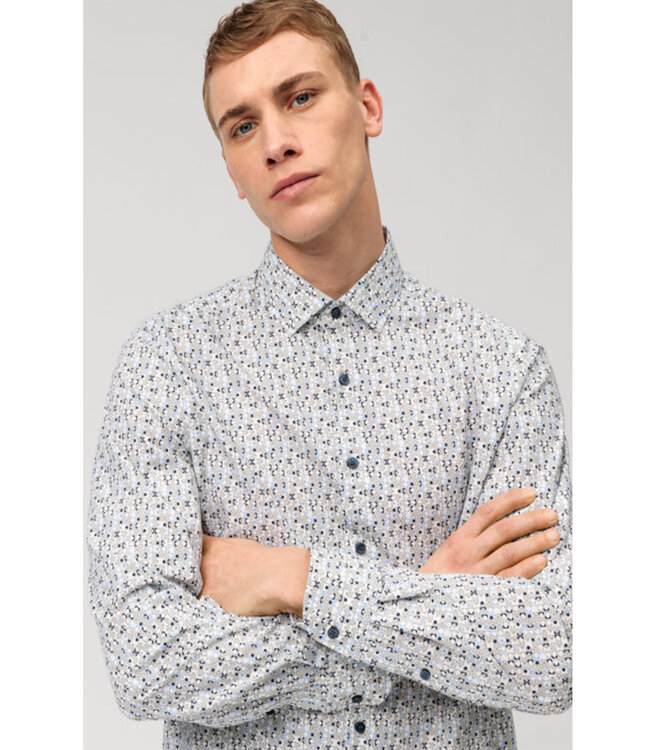 Olymp 2045 34 23 body fit strijkvrij overhemd olijfgroen blauw print