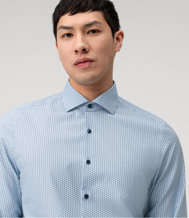Olymp strijkvrij overhemd lichtblauw donkerblauw print