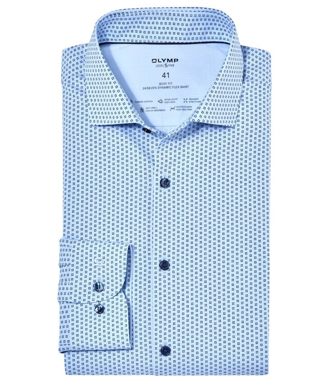 Olymp 2043 34 11 body fit strijkvrij overhemd lichtblauw donkerblauw print