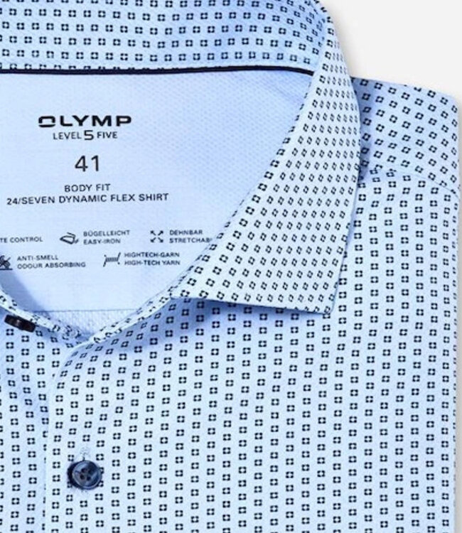 Olymp 2043 34 11 body fit strijkvrij overhemd lichtblauw donkerblauw print