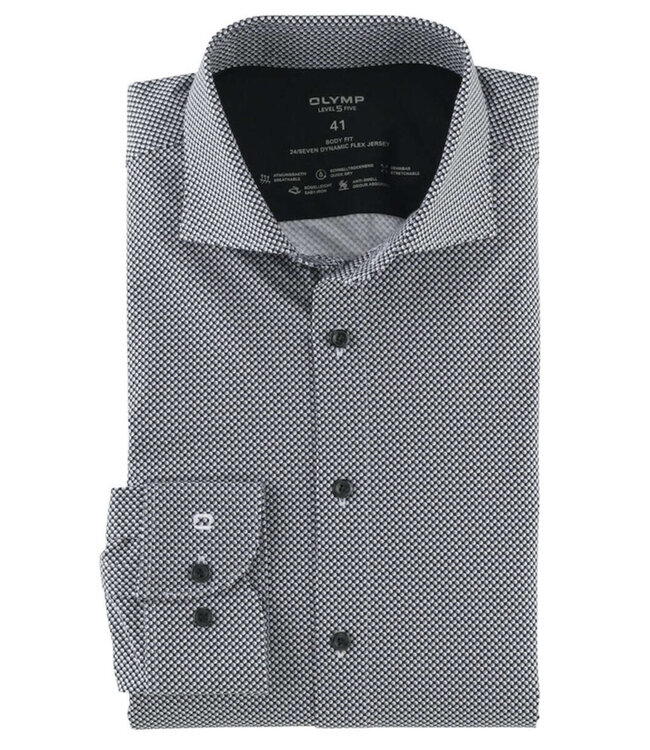 Olymp 2015 24 68 strijkvrij overhemd zwart grijs print jersey stretch