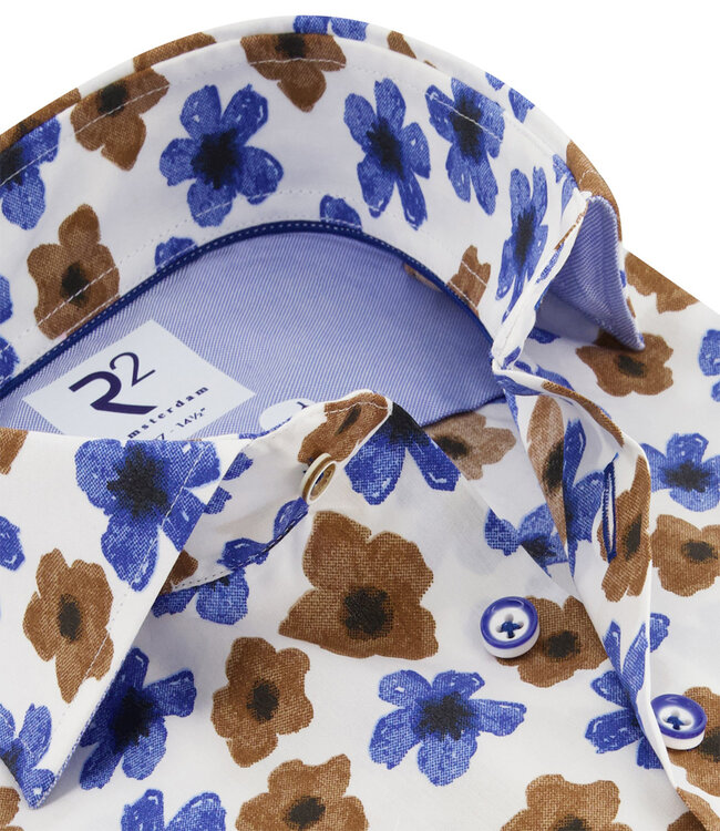 120.WSP.035 heren overhemd donkerblauw bruin wit bloemenprint