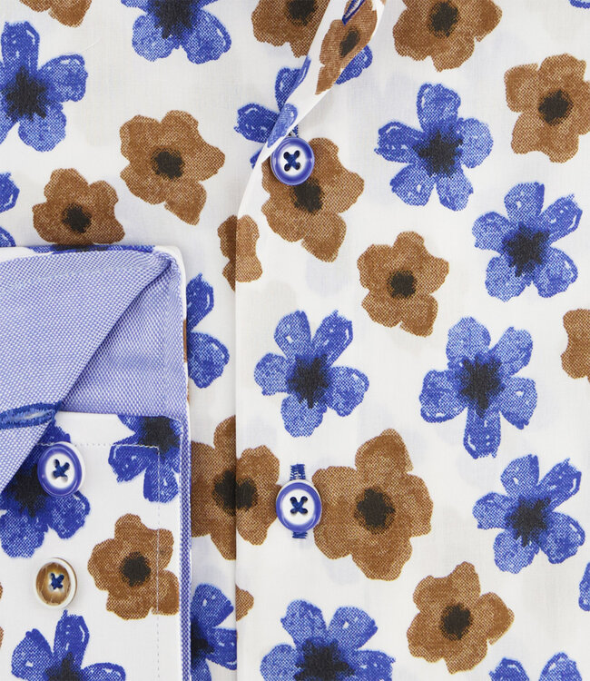 120.WSP.035 heren overhemd donkerblauw bruin wit bloemenprint