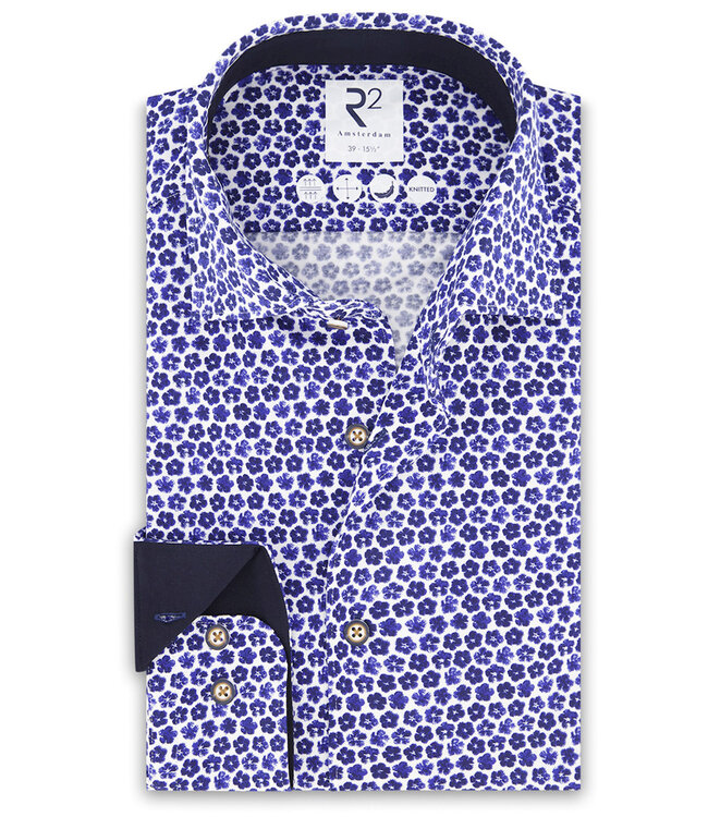 R2 Amsterdam 120.WSP.011 overhemd donkerblauw kobaltblauw bloemenprint