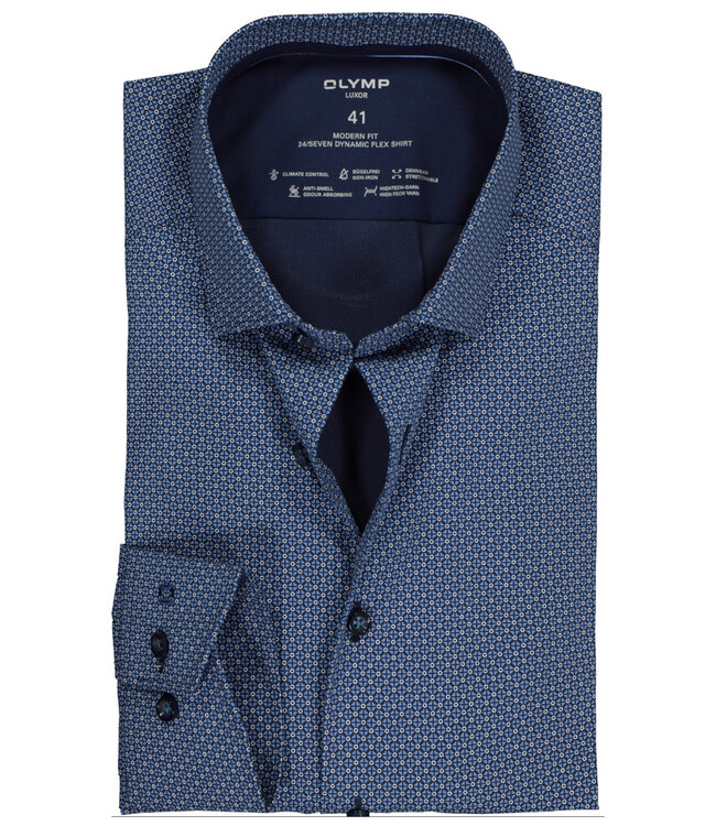 Olymp 1235 24 18 strijkvrij overhemd donkerblauw blauw print stretch met donkerblauwe knopen