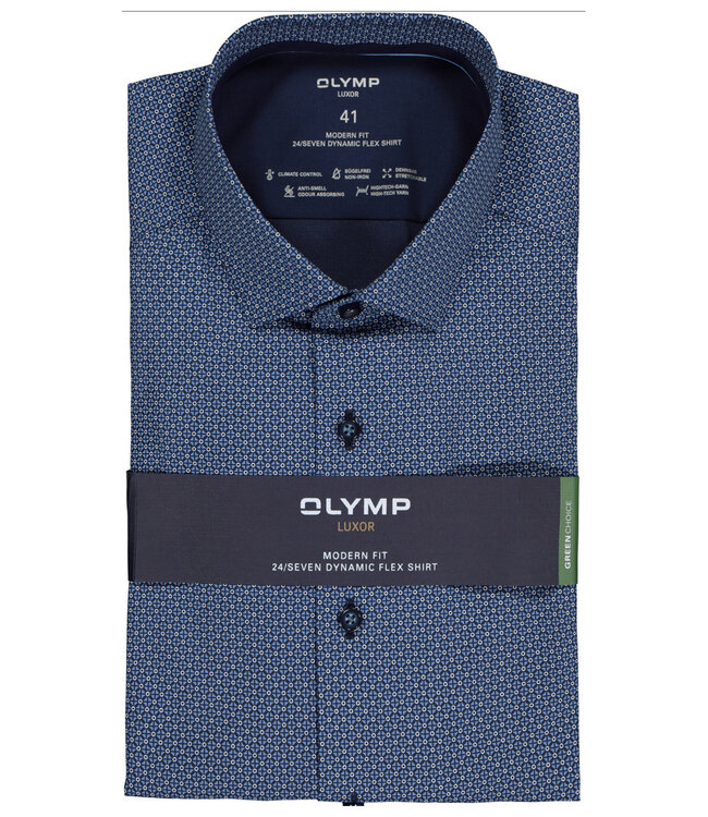 Olymp 1235 24 18 strijkvrij overhemd donkerblauw blauw print stretch met donkerblauwe knopen