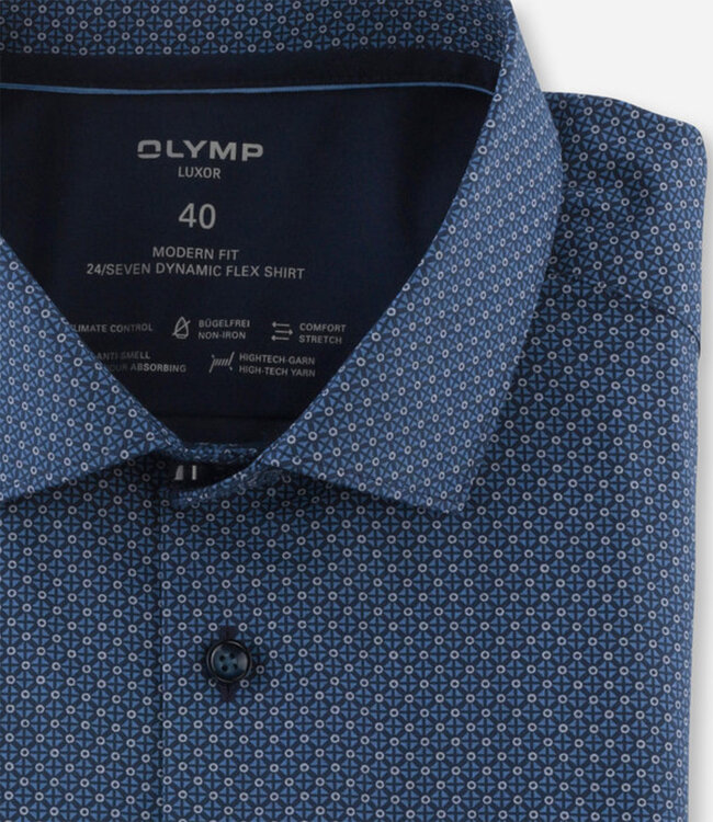 Olymp 1235 24 18 strijkvrij overhemd donkerblauw blauw print stretch met donkerblauwe knopen