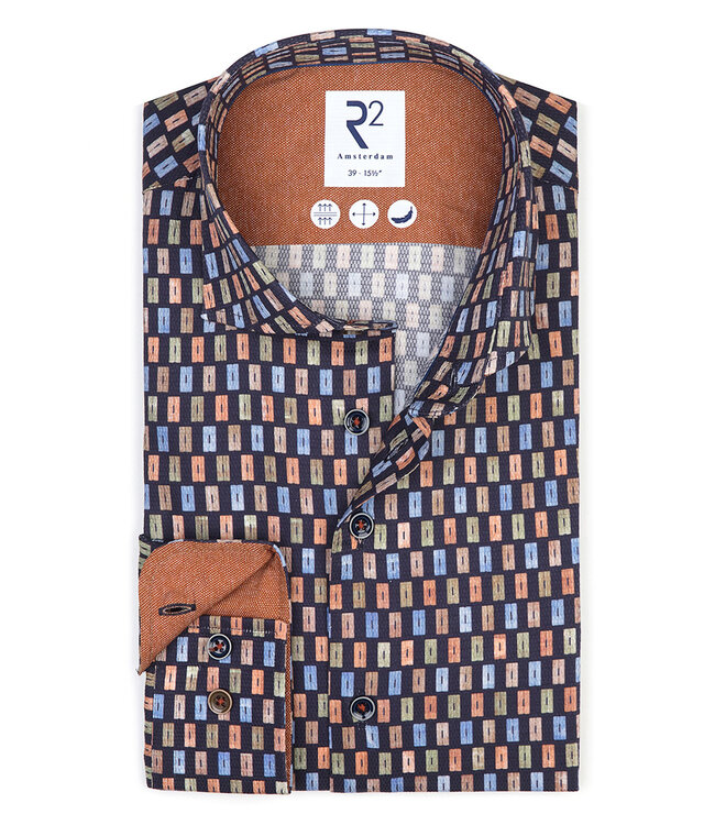 122.WSP.039  overhemd speciale grafische print donkerblauw oranje blauw