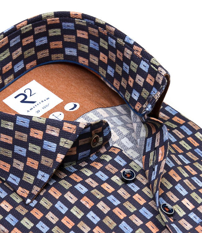 122.WSP.039  overhemd speciale grafische print donkerblauw oranje blauw