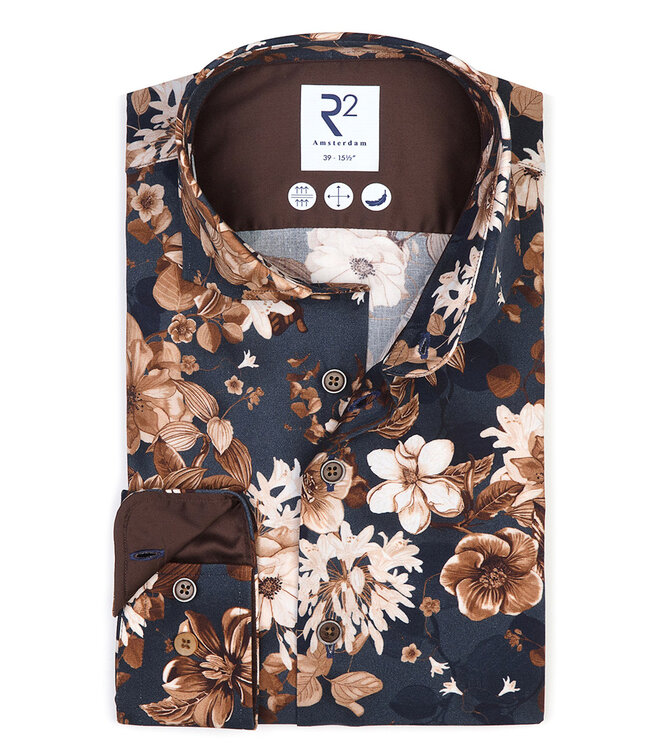 speciale donkerblauw bruin grote bloemenprint