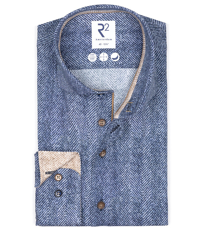 122.WSP.022 heren overhemd jeans blauw visgraat print