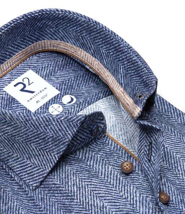 122.WSP.022 heren overhemd jeans blauw visgraat print