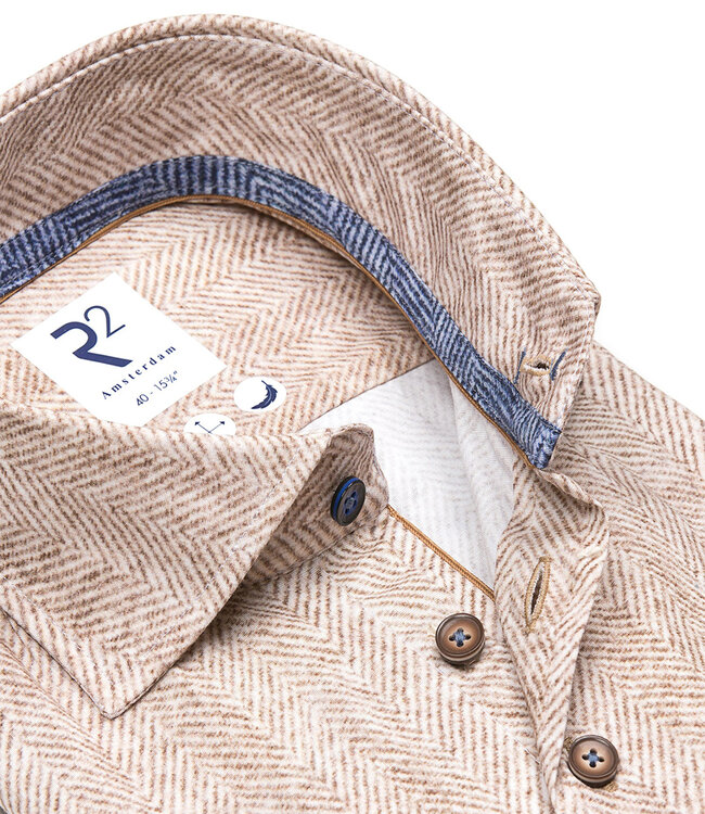 122.WSP.022 heren overhemd beige bruin visgraat print