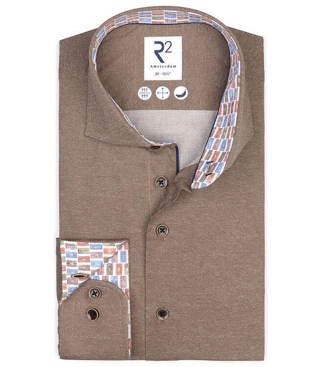 122.WSP.037 heren overhemd bruin structuur katoen stretch