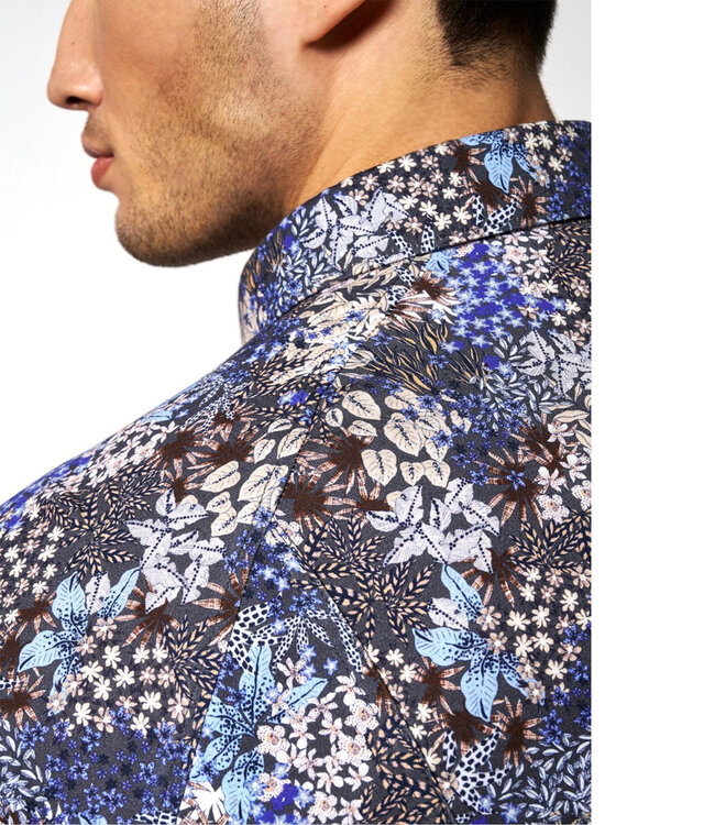 Desoto overhemd donkergrijs beige blauw bloemenprint