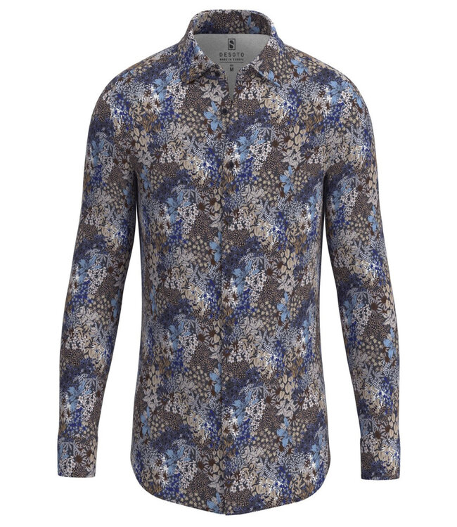 Desoto overhemd donkergrijs beige blauw bloemenprint