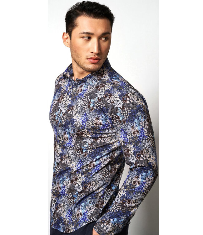 Desoto overhemd donkergrijs beige blauw bloemenprint