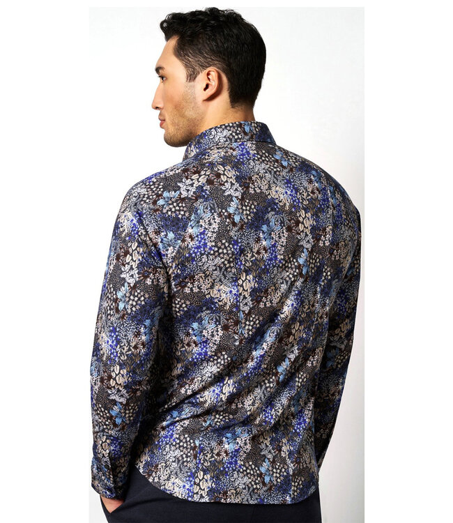 Desoto overhemd donkergrijs beige blauw bloemenprint