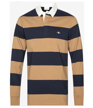 Gant donkerblauw beige heren streep rugby shirt sweater