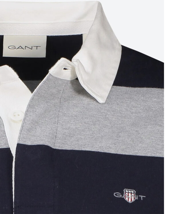 Gant 2005111 93 Gant grijs melange-donkerblauw heren rugby shirt sweater met witte kraag