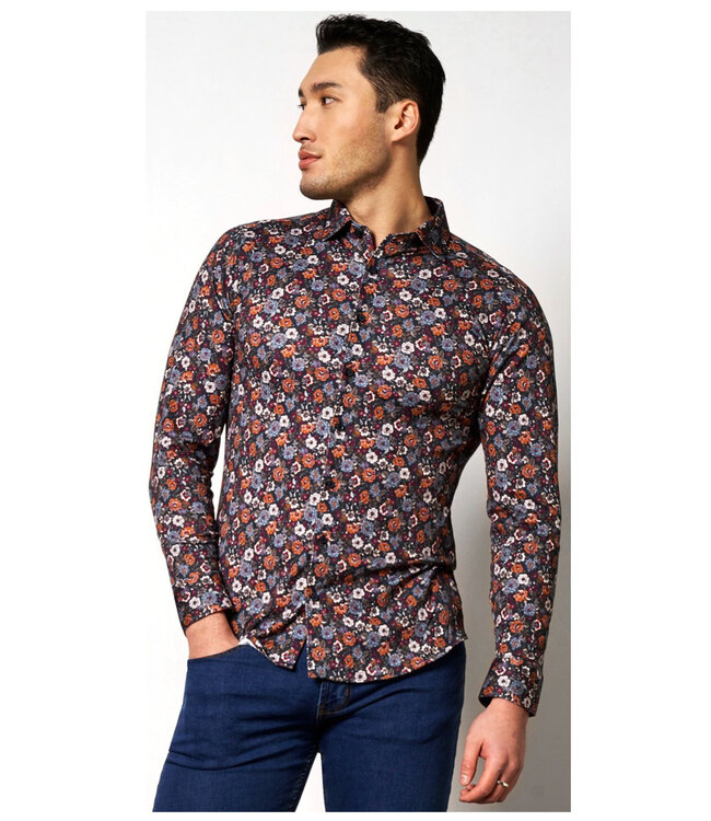 Desoto 69128-3 316 overhemd antraciet grijs brique blauw bloemenprint