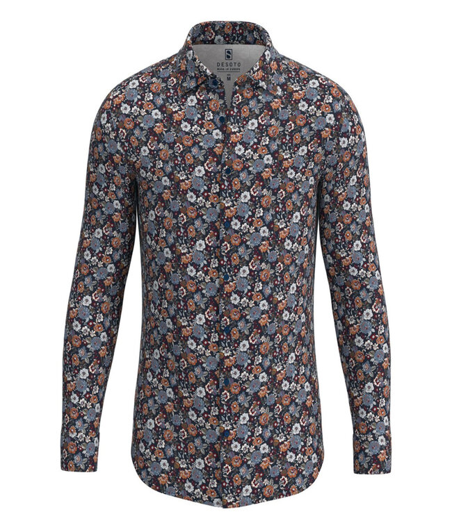 Desoto 69128-3 316 overhemd antraciet grijs brique blauw bloemenprint