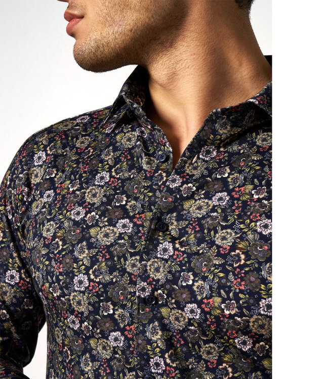 Desoto 67228-3 621 overhemd donkerblauw groen beige bloemenprint