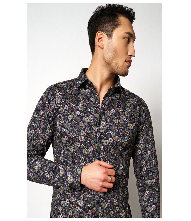 Desoto 67228-3 621 overhemd donkerblauw groen beige bloemenprint