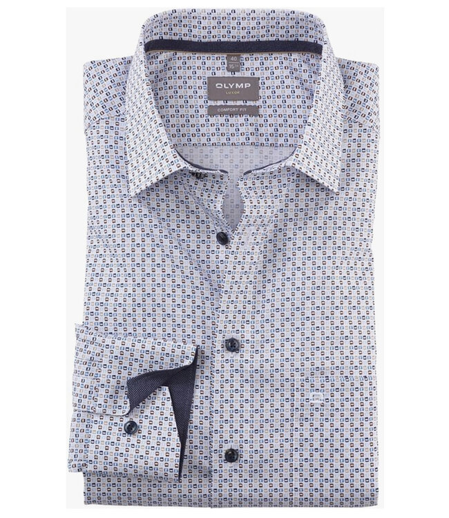 Olymp 1065 24 22 strijkvrij heren overhemd  lichtblauw bruin grafische print