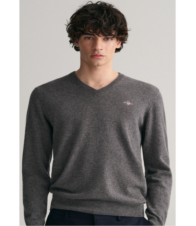 Gant heren charcoal melange v-hals trui superfine lamswol