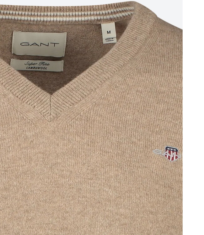 Gant heren beige melange v-hals trui superfine lamswol