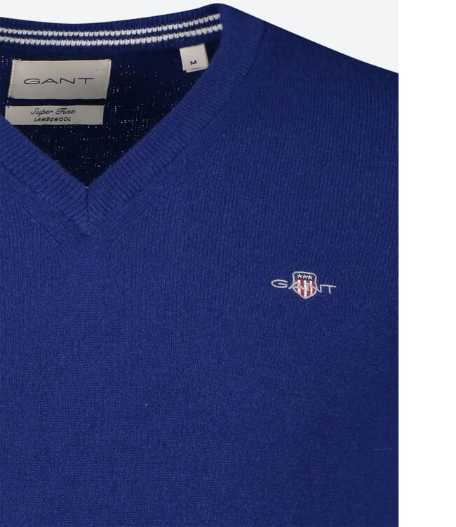 Gant 87212 436 heren kobaltblauw v-hals trui superfine lamswol