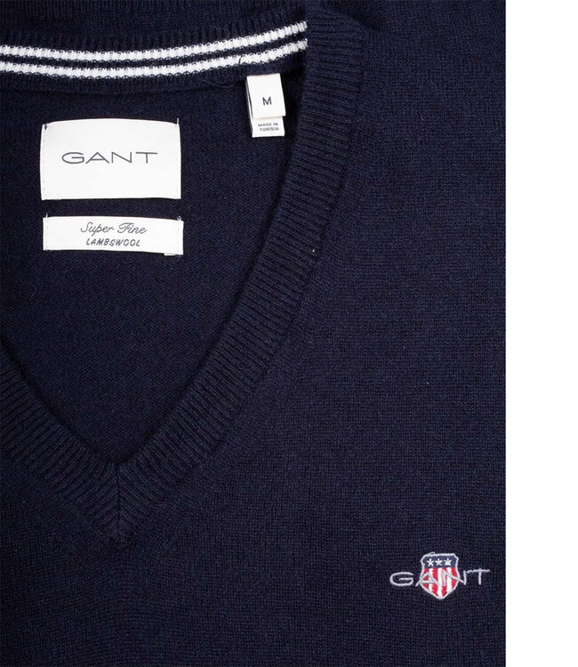 Gant 87212 410 heren donkerblauw v-hals trui superfine lamswol