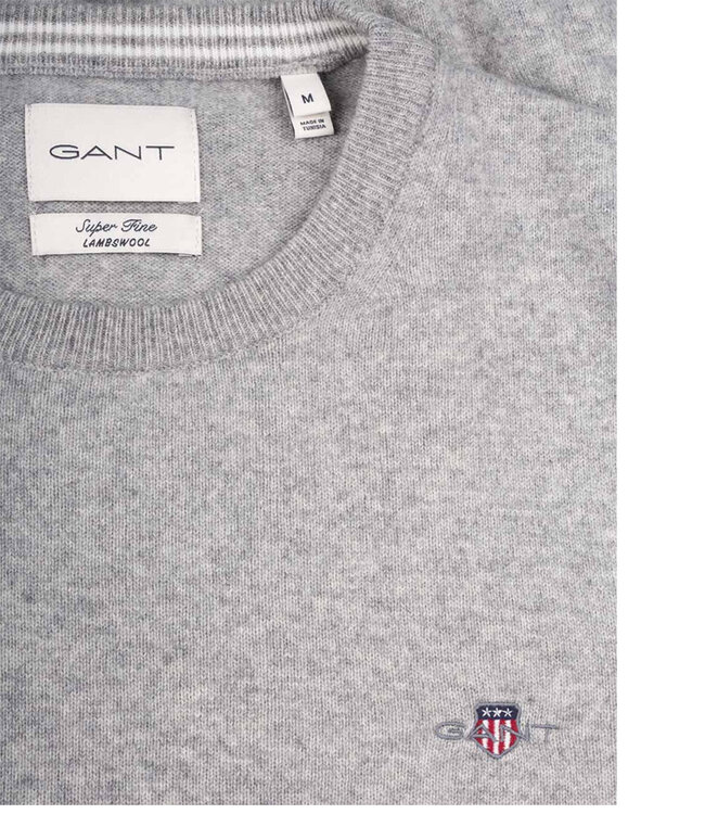Gant 87211 93 heren grijs melange ronde hals trui superfine lamswol