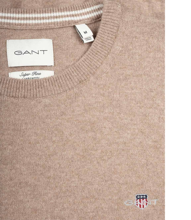 Gant 87211 295 heren beige melange ronde hals trui superfine lamswol