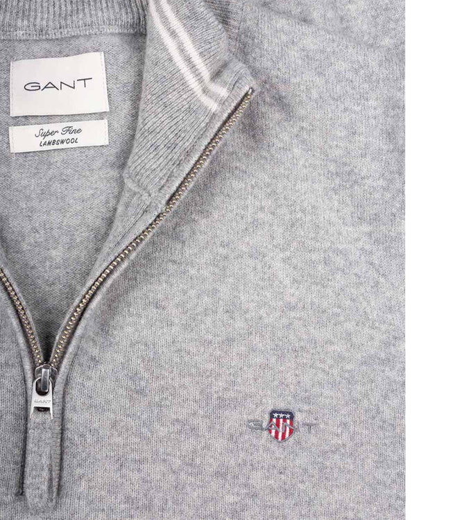 Gant 87213 93 heren grijs melange  zipper trui ritsje superfine lamswol