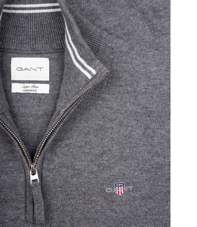 Gant 87213 90 heren charcoal melange zipper trui ritsje superfine lamswol