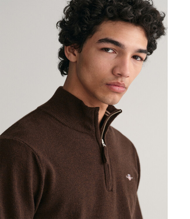 Gant 87213 280 heren donkerbruin melange zipper trui ritsje superfine lamswol