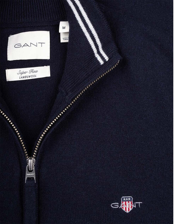 Gant 87213 410 heren donkerblauw zipper trui ritsje superfine lamswol