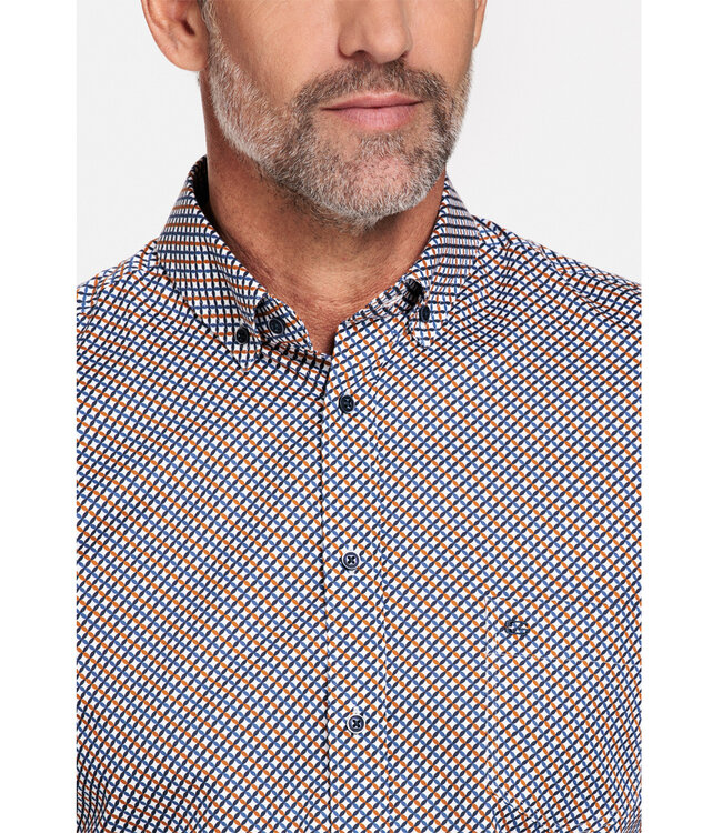 327019-20 heren overhemd lange mouw donkerblauw okergeel grafische print 1knoops button down