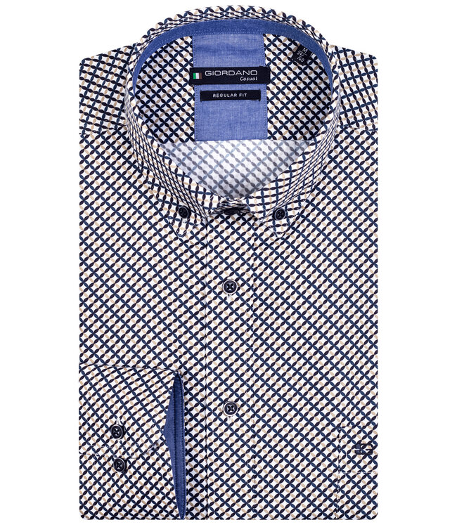 327019-81 heren overhemd lange mouw donkerblauw beige grafische print 1knoops button down