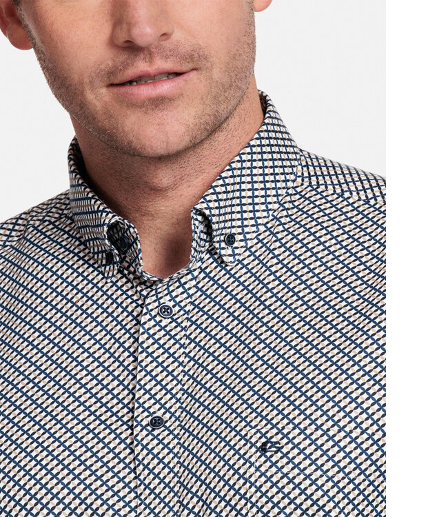 327019-81 heren overhemd lange mouw donkerblauw beige grafische print 1knoops button down