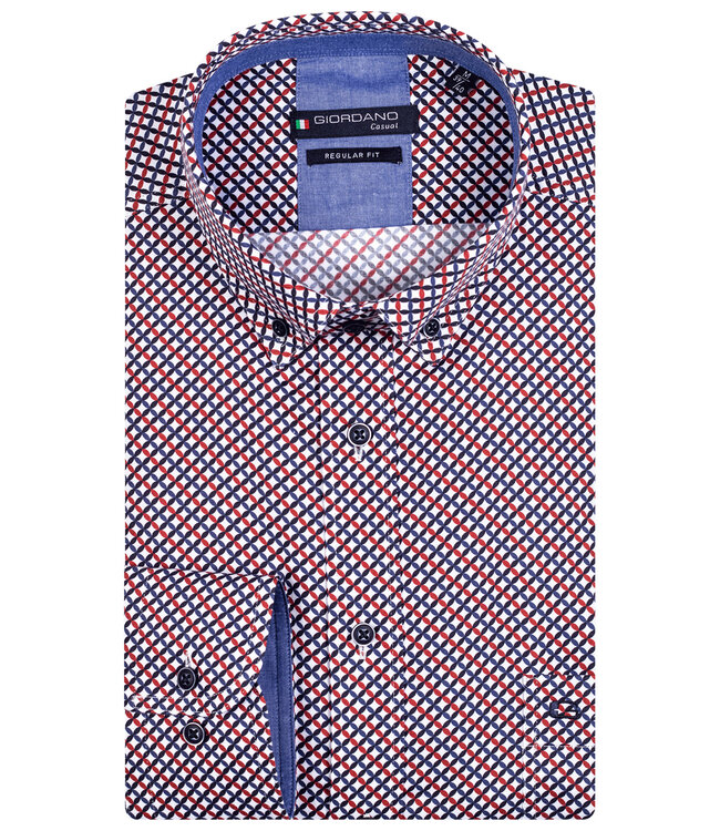 327019-30 heren overhemd lange mouw donkerblauw rood grafische print 1knoops button down