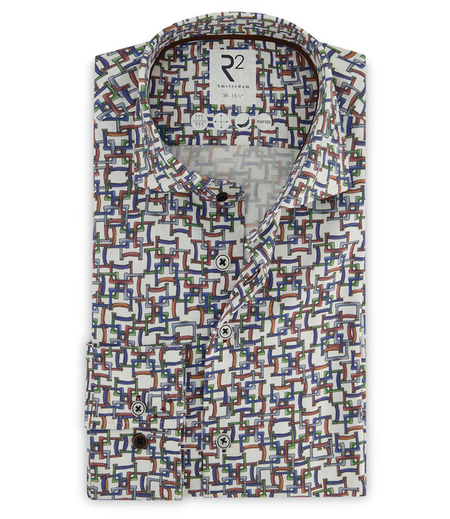 overhemd wit met blauw groen bordeaux rood grafische print