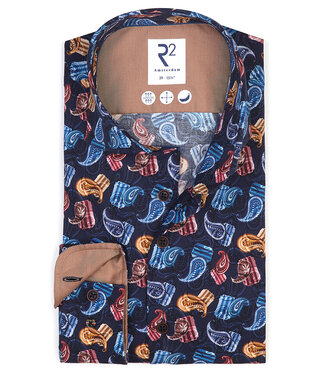 overhemd donkerblauw rood okergeel print