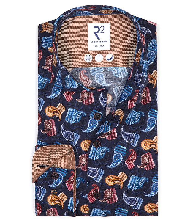 122.WSP.032 overhemd donkerblauw rood okergeel blauw speciale print