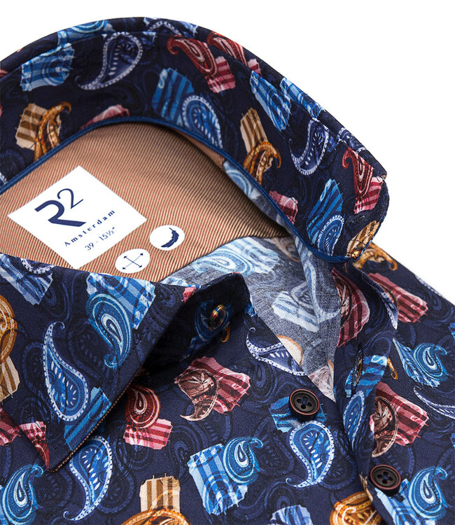 122.WSP.032 overhemd donkerblauw rood okergeel blauw speciale print