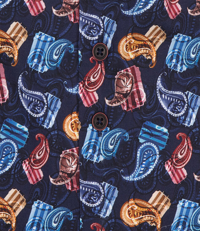 122.WSP.032 overhemd donkerblauw rood okergeel blauw speciale print