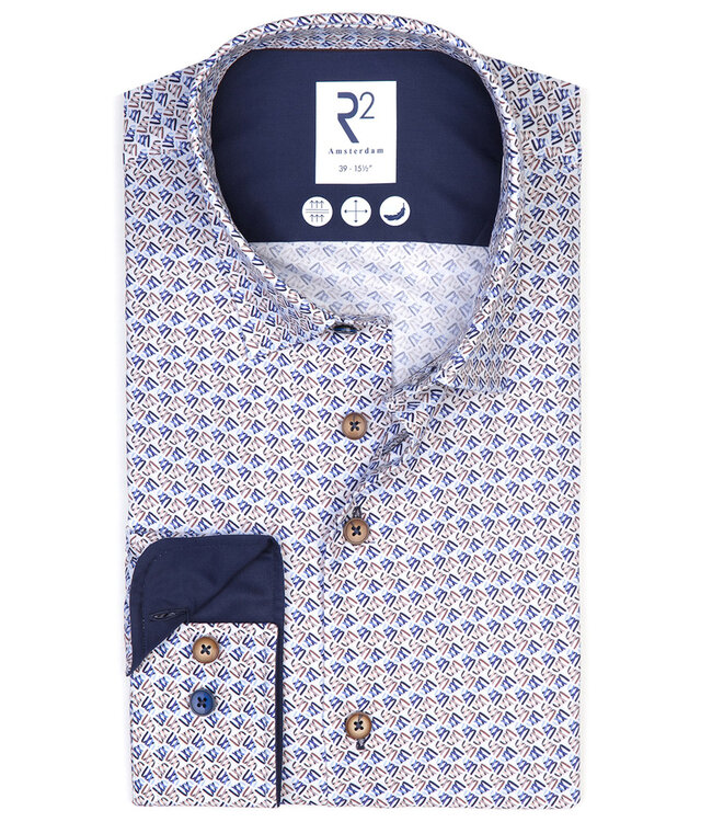 R2 Amsterdam 123.HBD.018/014 overhemd wit bruin blauw grafische print