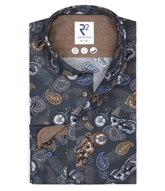 overhemd donkerblauw bruin paisley en motoren print